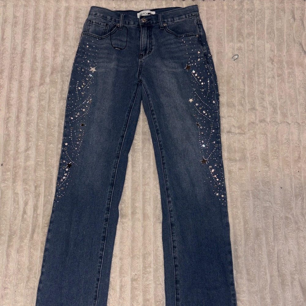 Fashion Nova Dark Blue Embellished Straight Leg Jeans